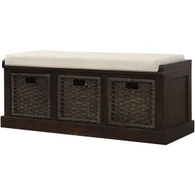 TREXM Rustic Storage Bench with 3 Removable Classic Rattan Basket , Entryway Bench with Removable Cushion (Espresso)