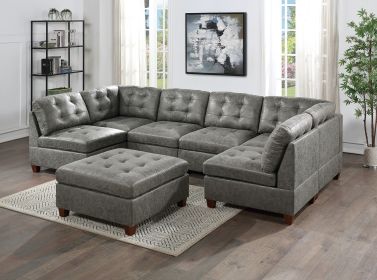 Living Room Furniture Antique Grey Modular Sectional 7pc Set Breathable Leatherette Tufted Couch 2x Corner Wedge 4x Armless Chairs and 1x Ottoman U-Sh