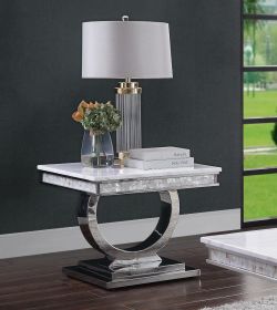 ACME Zander End Table, White Printed Faux Marble & Mirrored Silver Finish 87363