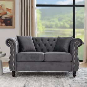 58.8" Chesterfield Sofa Grey Velvet for Living Room, 2 Seater Sofa Tufted Couch with Rolled Arms and Nailhead for Living Room, Bedroom, Office, Apartm