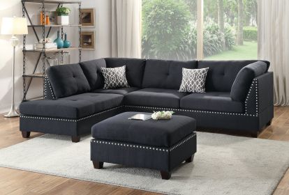 3-pcs Sectional Sofa Black Polyfiber Cushion Sofa Chaise Ottoman Reversible Couch Pillows