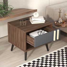 Wooden Nightstand with USB Charging Ports; End Table for Bedroom; Gray+Walnut