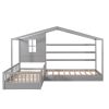 Wood House Bed Twin Size; 2 Twin Solid Bed L structure with fence and slatted frame (Gray)