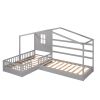 Wood House Bed Twin Size; 2 Twin Solid Bed L structure with fence and slatted frame (Gray)