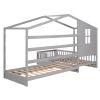 Wood House Bed Twin Size; 2 Twin Solid Bed L structure with fence and slatted frame (Gray)