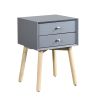 Side Table with 2 Drawer and Rubber Wood Legs;  Mid-Century Modern Storage Cabinet for Bedroom Living Room Furniture;  Gray