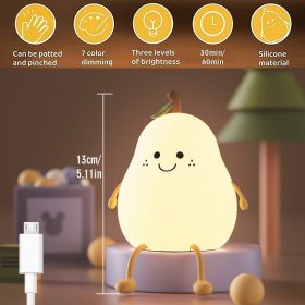 LED Pear Fruit Night Light Cute Rechargeable Dimming Touch Silicone 7 Color Table Lamp Bedroom Bedside Decor Gift Kid Boby Light (Emitting Color: Upgrade pear)