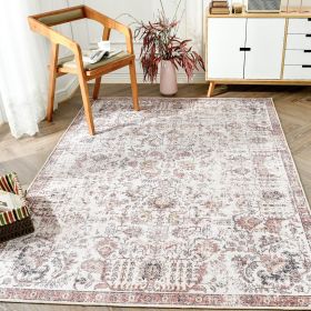 Traditional Area Rug 3x5 Multi Flodable Floral Persian Print Distressed Non Slip Indoor Rug for Living Room Bathroom Kitchen Bedroom (Color: Red)