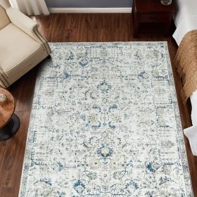 Traditional Area Rug 3x5 Multi Flodable Floral Persian Print Distressed Non Slip Indoor Rug for Living Room Bathroom Kitchen Bedroom (Color: Blue Multi)