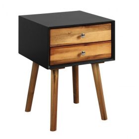 Mid-Century End Side Table Wooden Nightstand With 2 Storage Drawers (Color: Black)