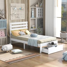 Twin Size Platform Bed with Drawer, Gray (Color: White)