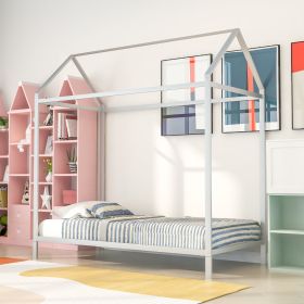 House Bed Frame Twin Size ;  Kids Bed Frame Metal Platform Bed Floor Bed for Kids Boys Girls No Box Spring Needed (Color: Silver)