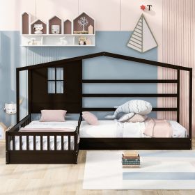 Wood House Bed Twin Size;  2 Twin Solid Bed L structure with fence and slatted frame (Color: Espresso)