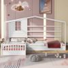 Wood House Bed Twin Size;  2 Twin Solid Bed L structure with fence and slatted frame