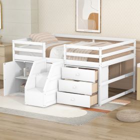 Full Size Functional Loft Bed with Cabinets and Drawers;  Hanging Clothes at the back of the Staircase (Color: White)