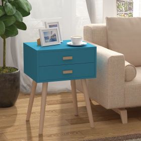 Set of 2 Wood Mid-Century Modern End Table Nightstand with 2 Drawers for Bedroom Living Room; 24.8"H (Color: Blue)