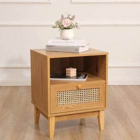 Nightstand with Natural Rattan Door Rattan Drawer;  Wooden Bedside Table End Table for Living Room and Bedroom (Type: Drawer)