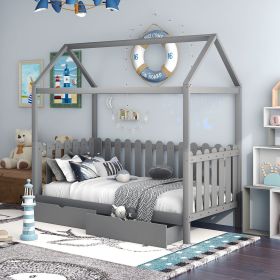 Twin Size House Bed with drawers, Fence-shaped Guardrail (Color: Gray)