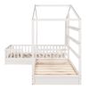 Wood House Bed Twin Size;  2 Twin Solid Bed L structure with fence and slatted frame