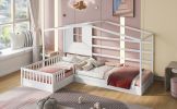 Wood House Bed Twin Size;  2 Twin Solid Bed L structure with fence and slatted frame