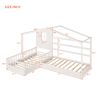 Wood House Bed Twin Size;  2 Twin Solid Bed L structure with fence and slatted frame