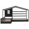 Wood House Bed Twin Size;  2 Twin Solid Bed L structure with fence and slatted frame