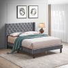 Velvet Button Tufted-Upholstered Bed with Wings Design - Strong Wood Slat Support - Easy Assembly