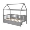 Twin Size House Bed with drawers, Fence-shaped Guardrail