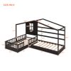 Wood House Bed Twin Size;  2 Twin Solid Bed L structure with fence and slatted frame