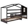 Wood House Bed Twin Size;  2 Twin Solid Bed L structure with fence and slatted frame