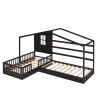 Wood House Bed Twin Size;  2 Twin Solid Bed L structure with fence and slatted frame