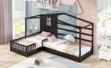 Wood House Bed Twin Size;  2 Twin Solid Bed L structure with fence and slatted frame