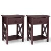 Set of 2 Wooden Nightstand;  X-Shaped Sofa Side Table End Table with Drawer and Open Shelf;  Bedroom Living Room Furniture