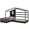 Wood House Bed Twin Size;  2 Twin Solid Bed L structure with fence and slatted frame