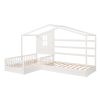 Wood House Bed Twin Size;  2 Twin Solid Bed L structure with fence and slatted frame