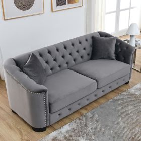 77-Inch Modern Chesterfield Velvet Sofa, 3-Seater Sofa, Upholstered Tufted Backrests with Nailhead Arms and 2 Cushions for Living Room, Bedroom, Apart (Color: as Pic)