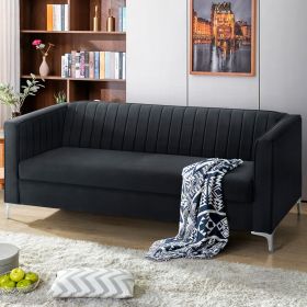 [VIDEO provided] [New] 77.3*32" Mid Century Velvet Sofa,2-3 Seater Modern Couch, Exquisite Loveseat with Vertical Striped Decoration and Metal Legs fo (Color: as Pic)